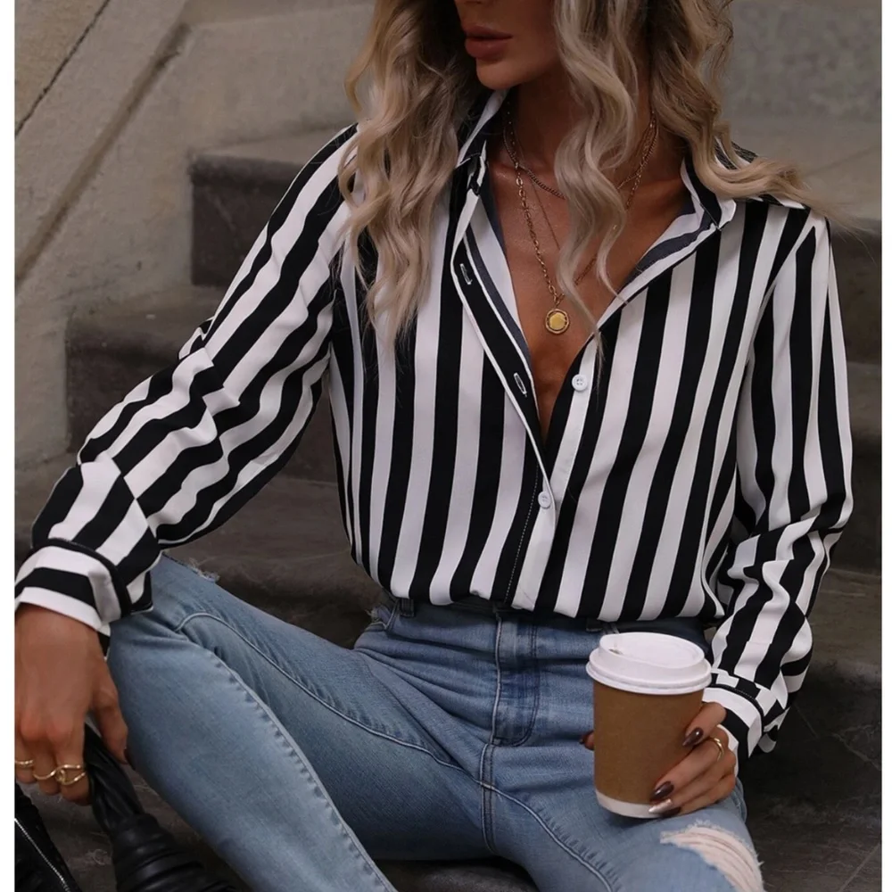 Vertical Stripes Black and White Collar Shirt Button Down - Picture 1 of 16